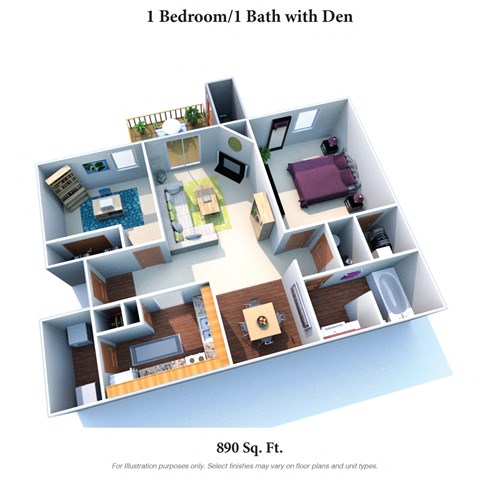 Floor plan for 1 bed, 1 bath, 890 sqft